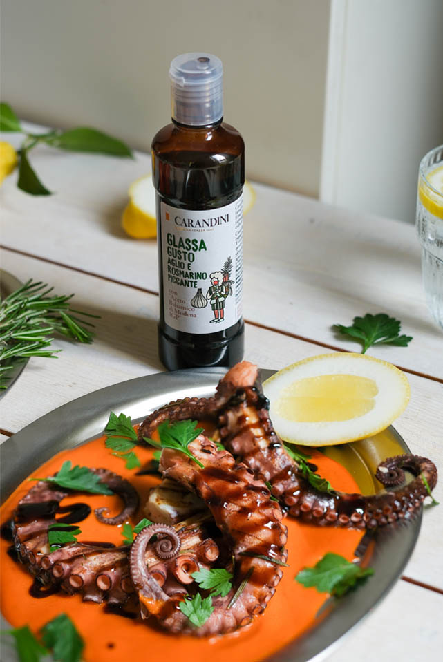 Grilled Octopus with Romesco Sauce and Spicy Garlic & Rosemary Glaze with Balsamic Vinegar of Modena